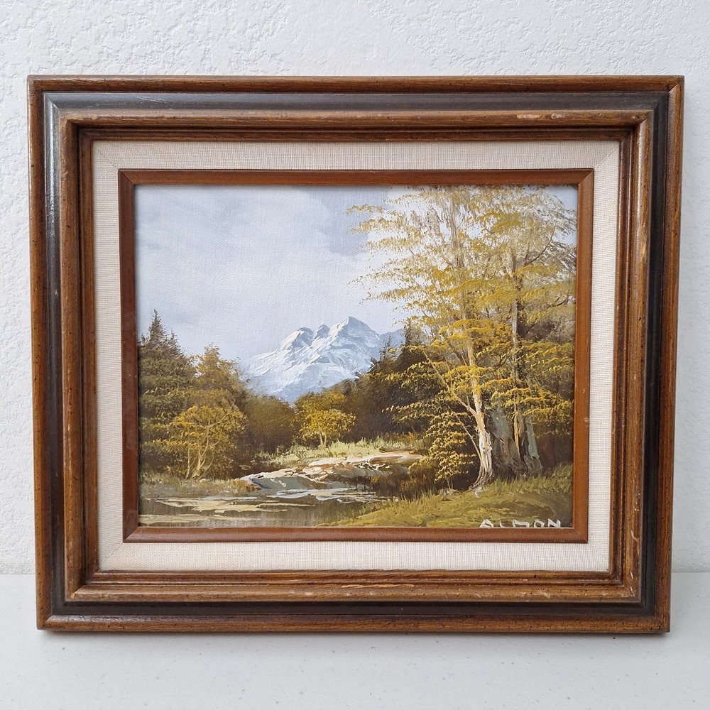 Original Oil‎ Painting on Canvas MCM Landscape Signed Framed 14.5x12.5 Mountains